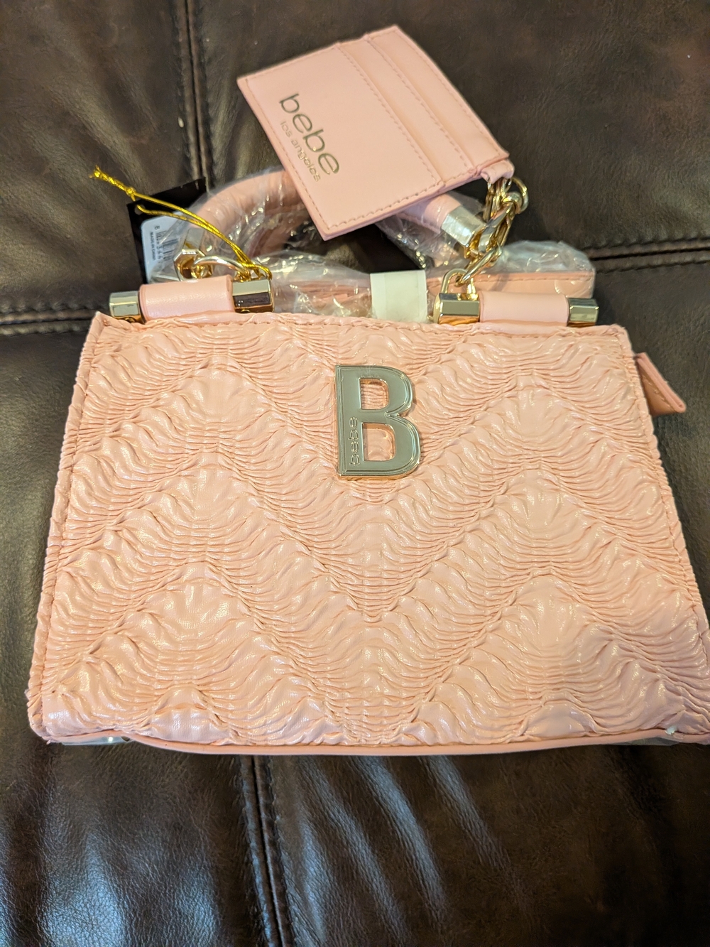 bebe Pink Textured Satchel with Gold Hardware